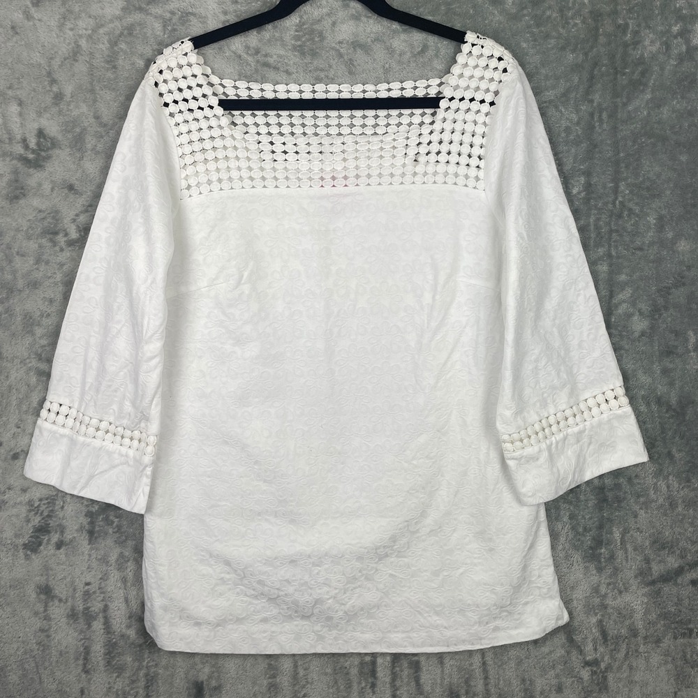 Lilly Pulitzer Top Womens 14 White Blouse Tunic Cotton 3/4 Sleeves Square‎ Neck
